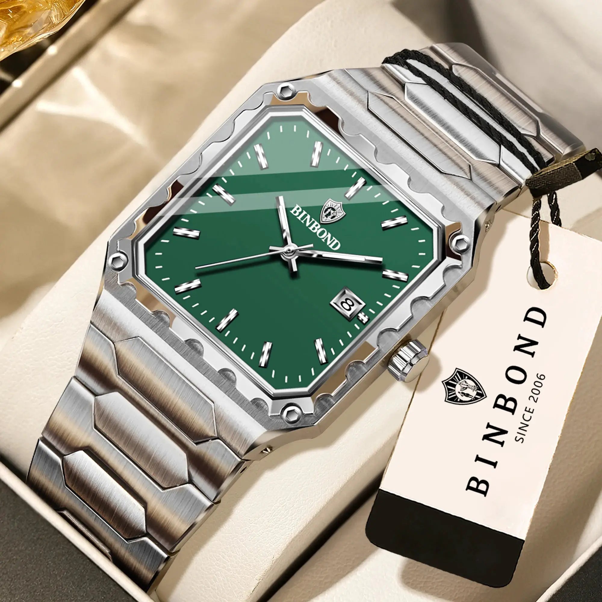 BINBOND men's stainless steel quartz wristwatch with green dial and octagonal bezel