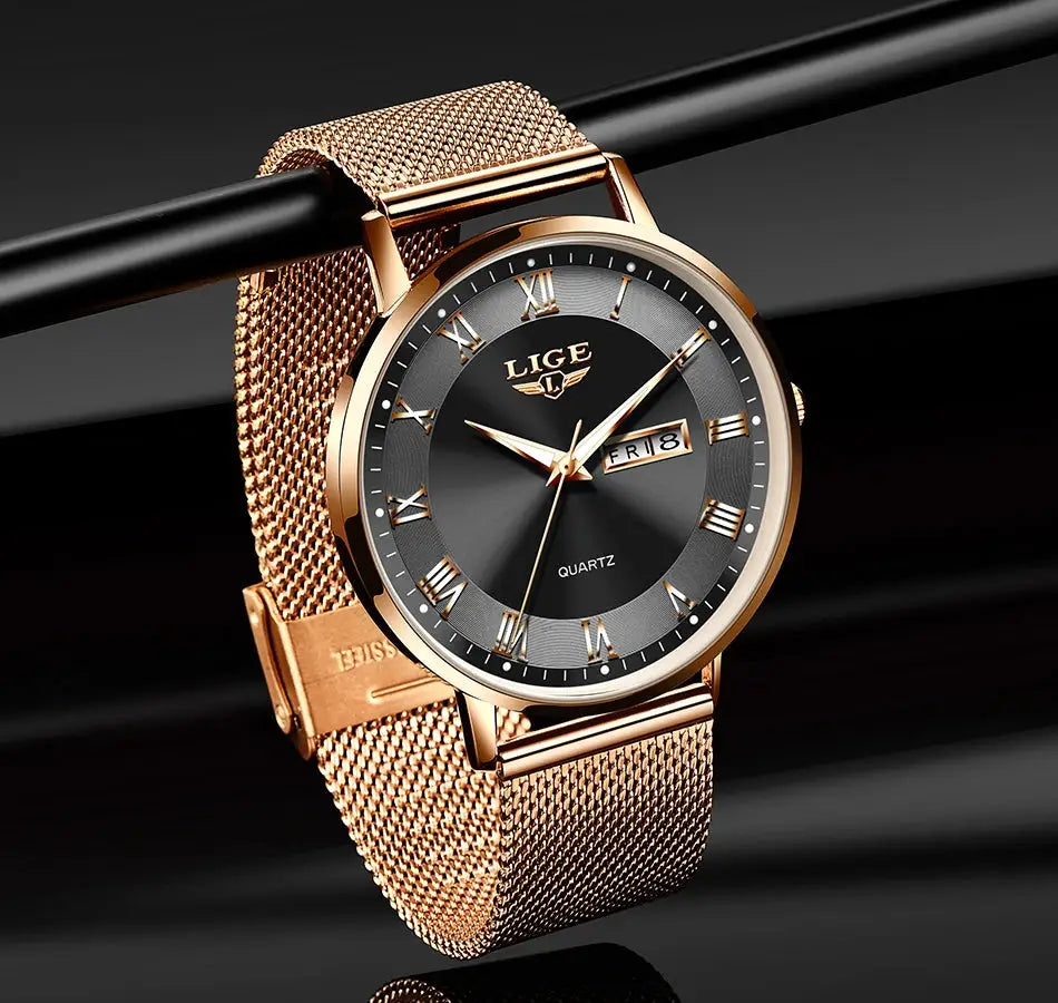 Women's LIGE rose-gold stainless steel mesh watch with black dial, Roman numerals, date window, quartz movement