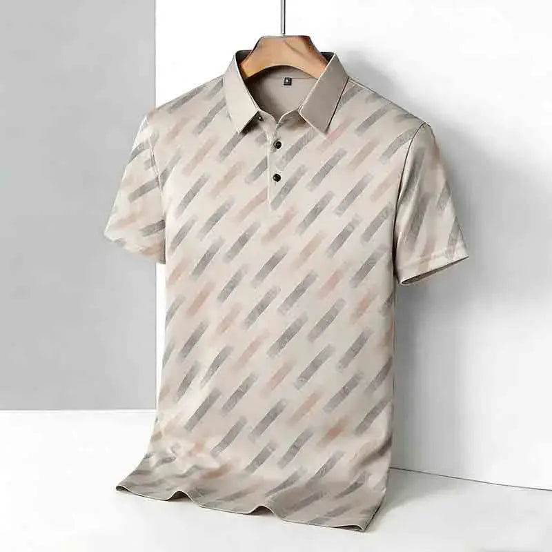 Men's polo shirt by Simples Market with short sleeves, lapel collar, beige diagonal stripes