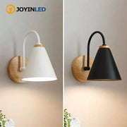 Nordic wall sconce light fixture in white and black with wooden backplate, 2 units, JOYINLED.