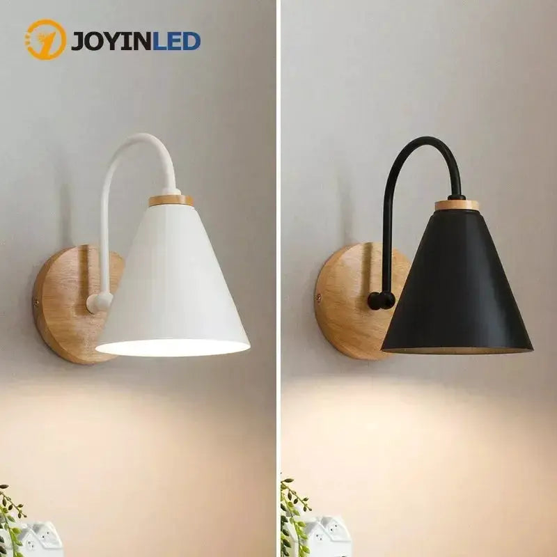 Nordic wall sconce light fixture in white and black with wooden backplate, 2 units, JOYINLED.