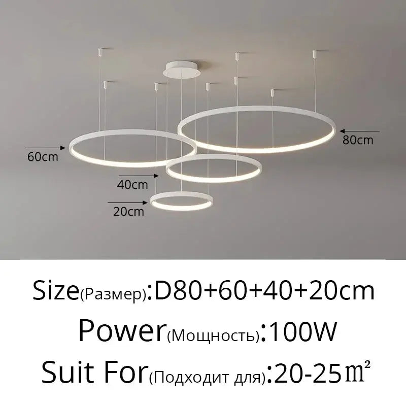 Minimalist LED pendant ring lights; white acrylic circular chandeliers in four sizes (D80, D60, D40, D20 cm)