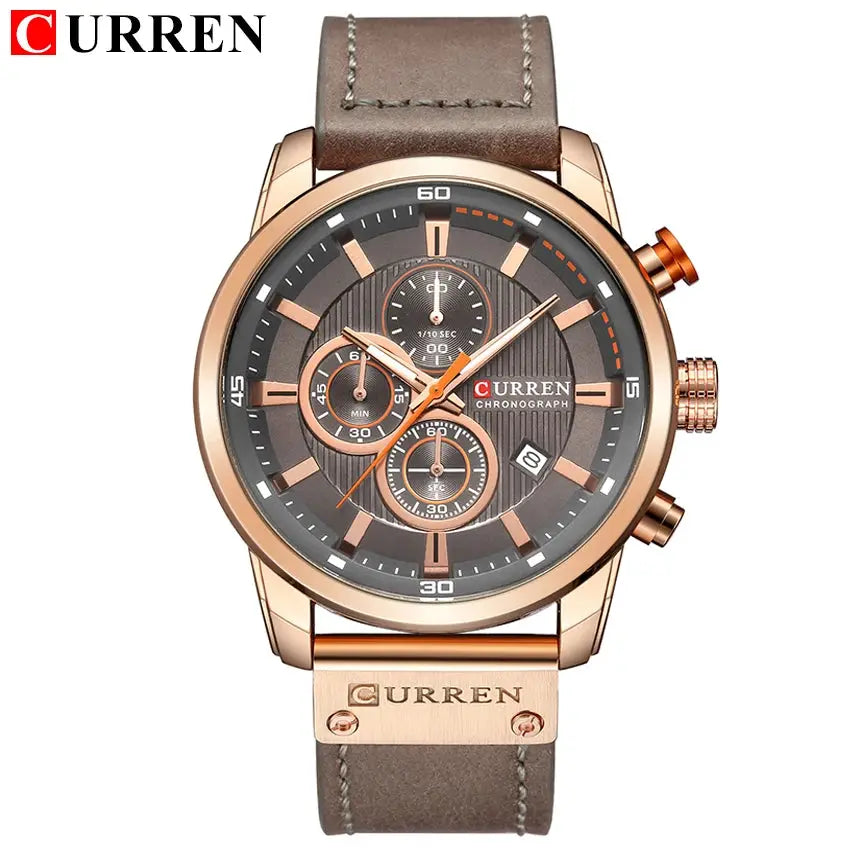 Curren 8291 men's quartz chronograph watch with rose-gold-tone case and brown leather strap