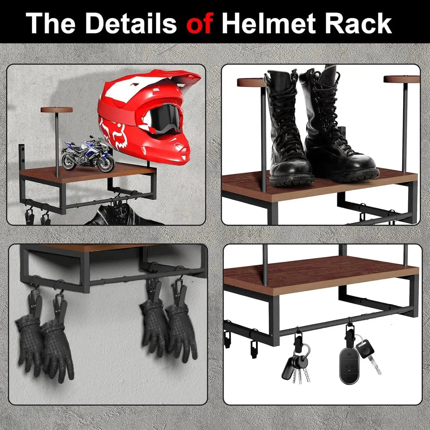 Wooden Motorcycle Helmet Wall Mount With Hooks And Multipurpose Shelf Helmet Display Stand Jacket Holders