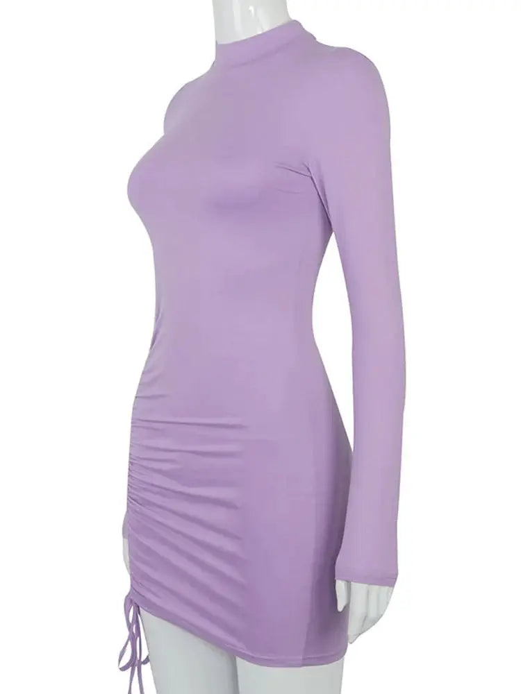 Long Sleeve Ruched Bodycon Dress For Women Turtleneck Black Bandage