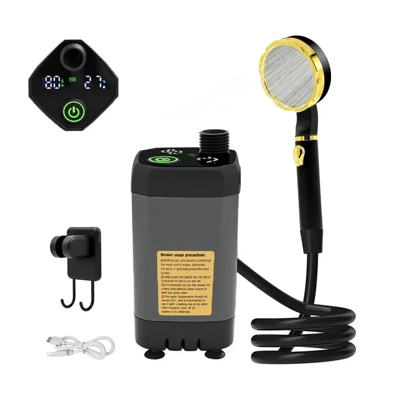 6-piece camping shower pump kit with full-screen digital display and 6000mAh battery, includes shower head and hose