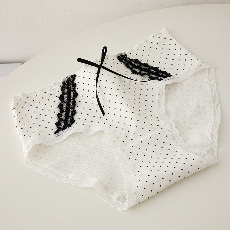 M-XL Simples Market women's underwear panty with black lace trim and bow on white polka-dot lace briefs
