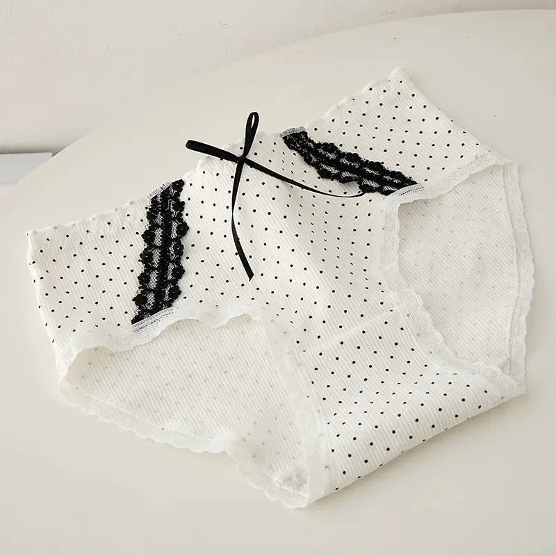 Simples Market M-XL women's lace panties, white with black polka dots, lace trim and bow