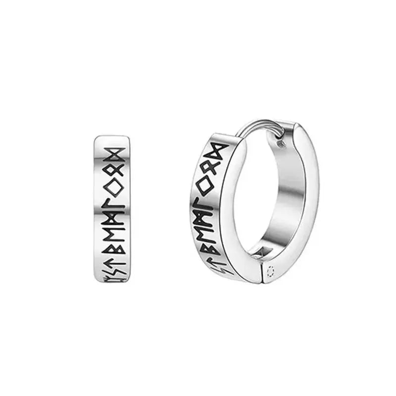 Stainless Steel Norwegian Viking Rune Hoop Earrings For Men Women Unisex Religious 12mm Huggie Ear Jewelry