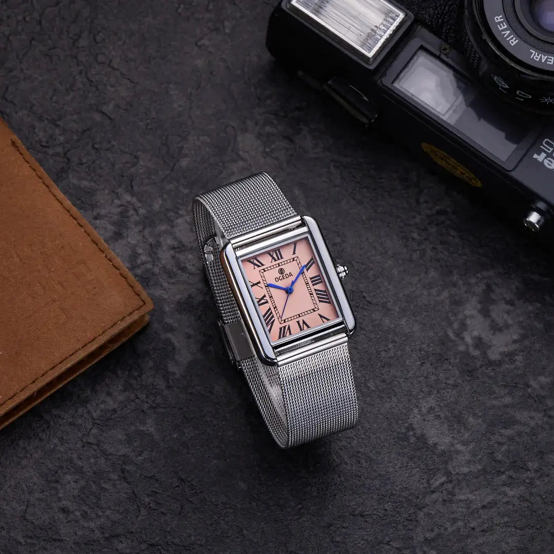 OGEDA waterproof couple watch with stainless steel mesh band and pink Roman numeral dial