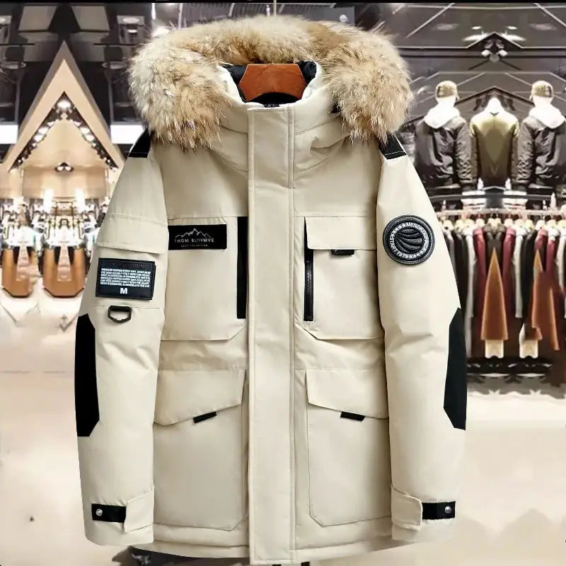 Men's beige hooded fur-collar down parka by Simples Market with multiple pockets and black accents