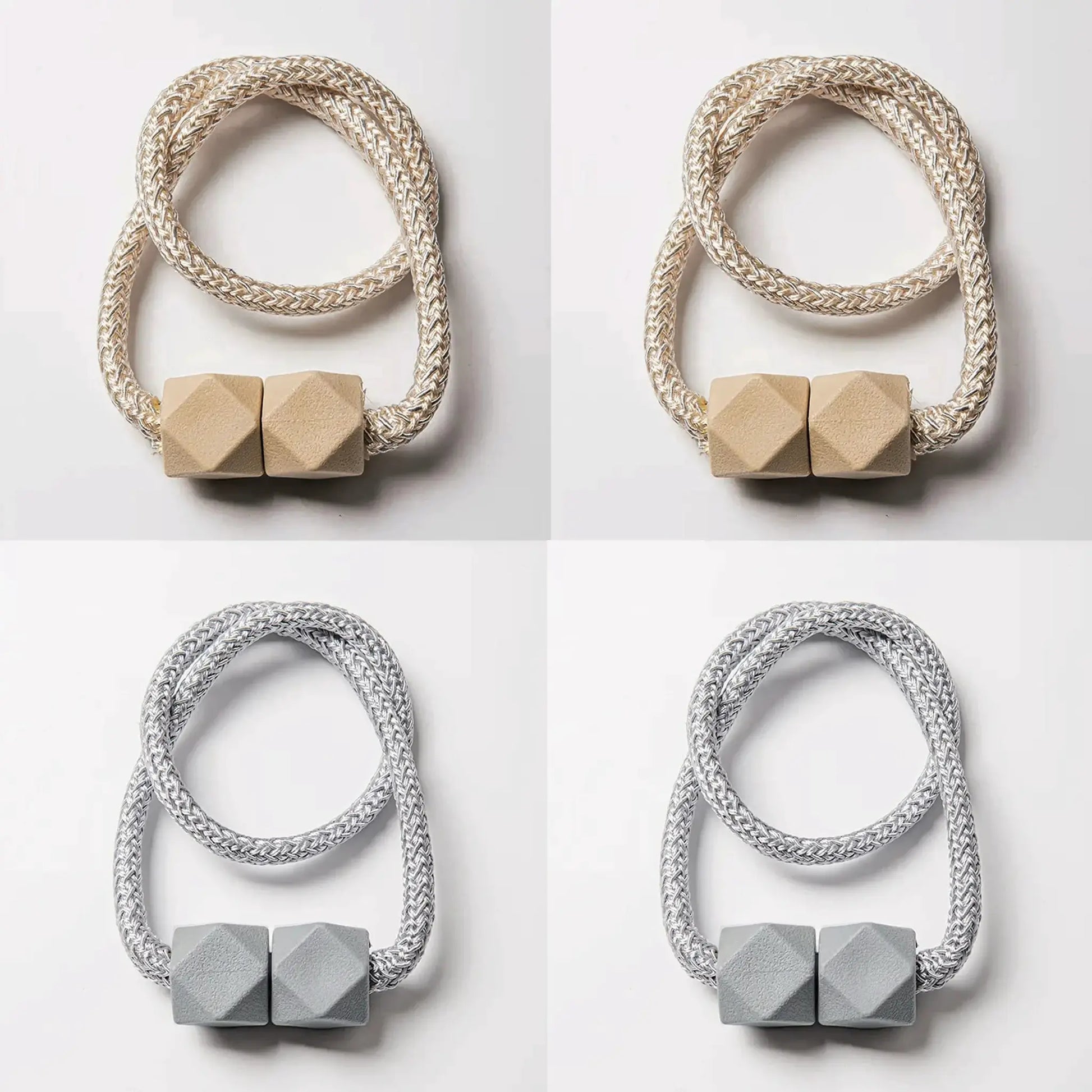 4-pack magnetic curtain tiebacks with thick braided gray rope and gray cube ends.
