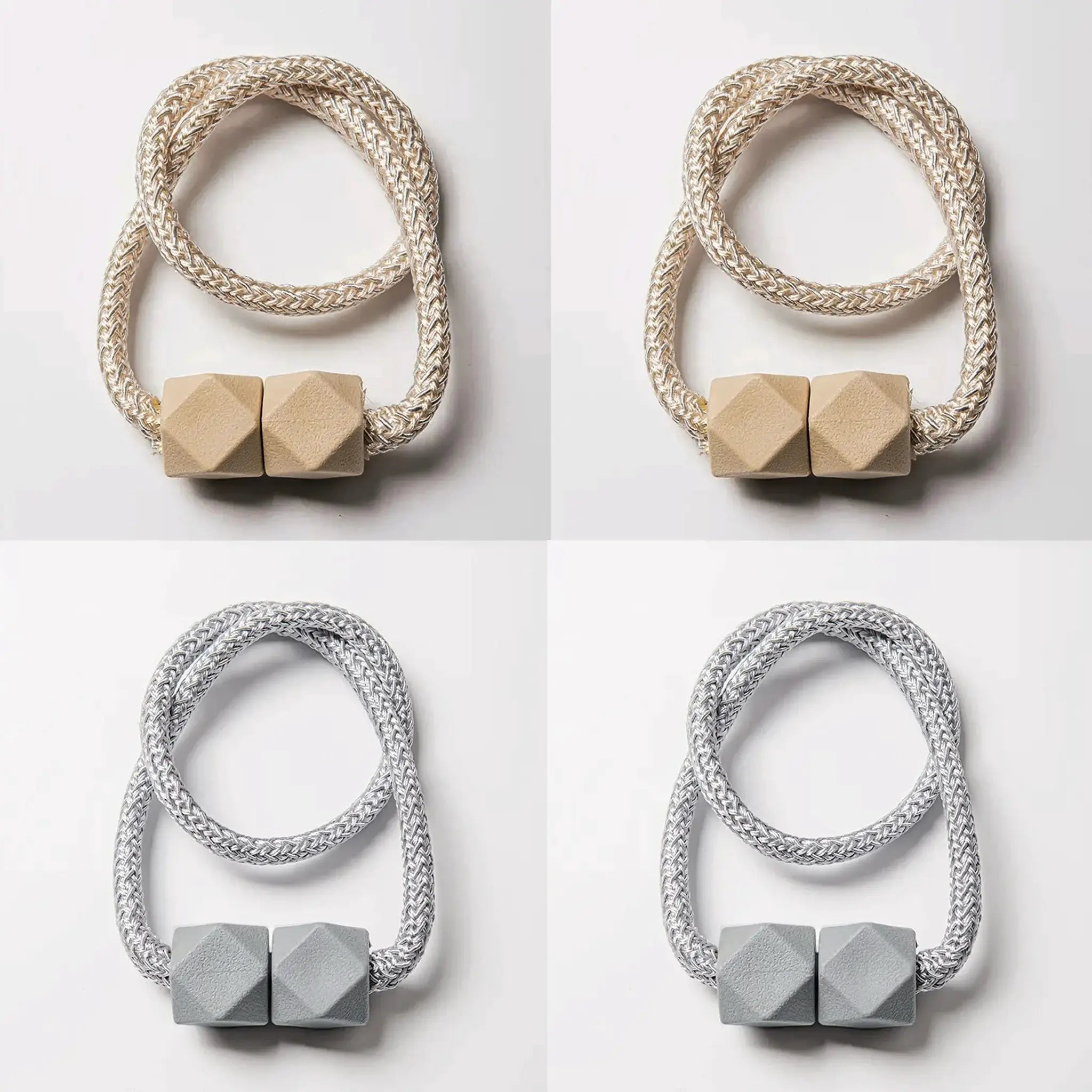 4-pack magnetic curtain tiebacks with thick braided gray rope and gray cube ends.