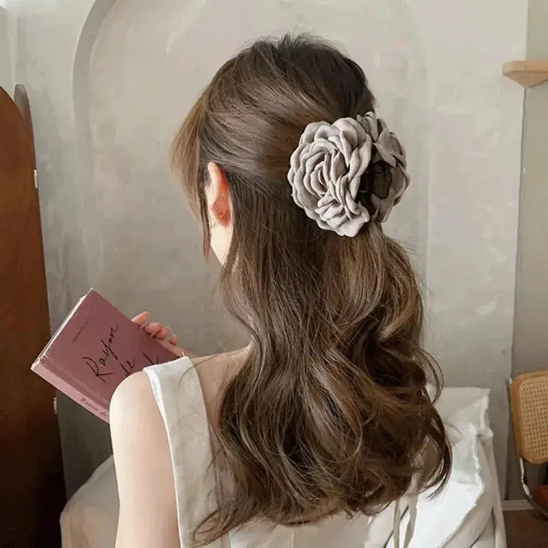 Maison Rose French Fabric Rose Hair Claw Clips Durable Plastic With Delicate Floral Pattern For Women And Girls