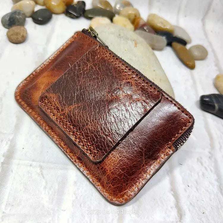 Mini zipper leather waist bag in brown with front card pocket