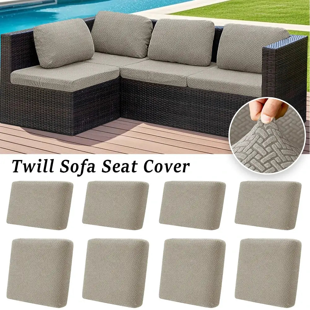 Simples Market twill jacquard patio sofa cover; beige elastic anti-slip outdoor seat covers, 9 cushions shown