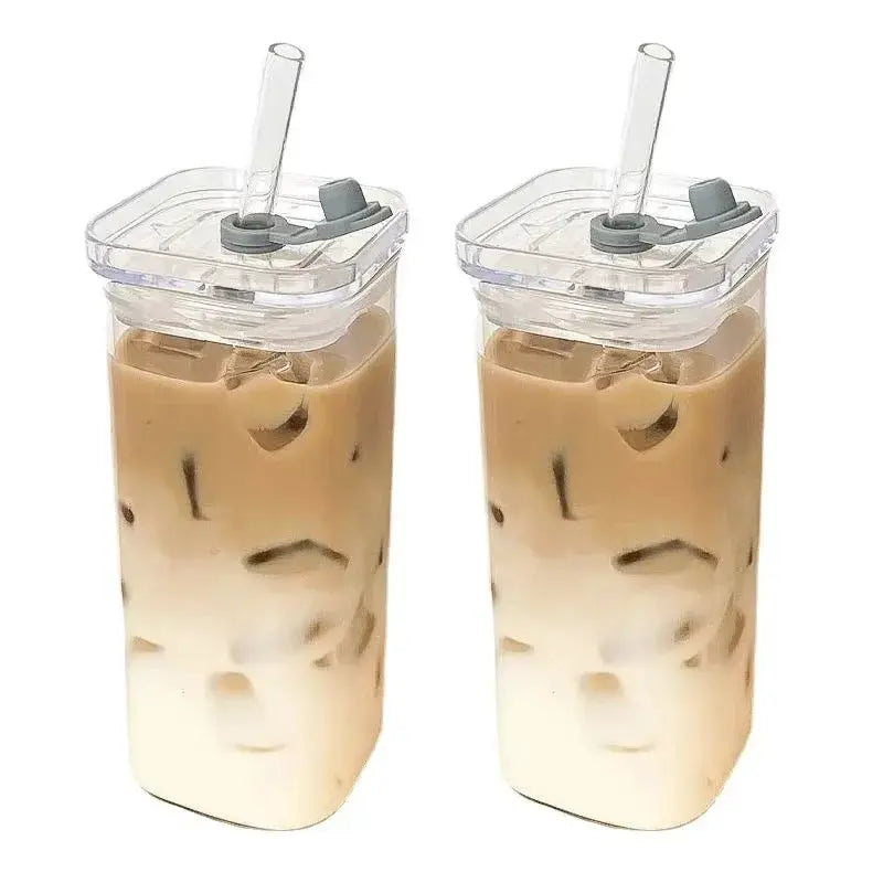 Square Heat Resistant Glass Coffee Cup With Lid And Straw 400ml