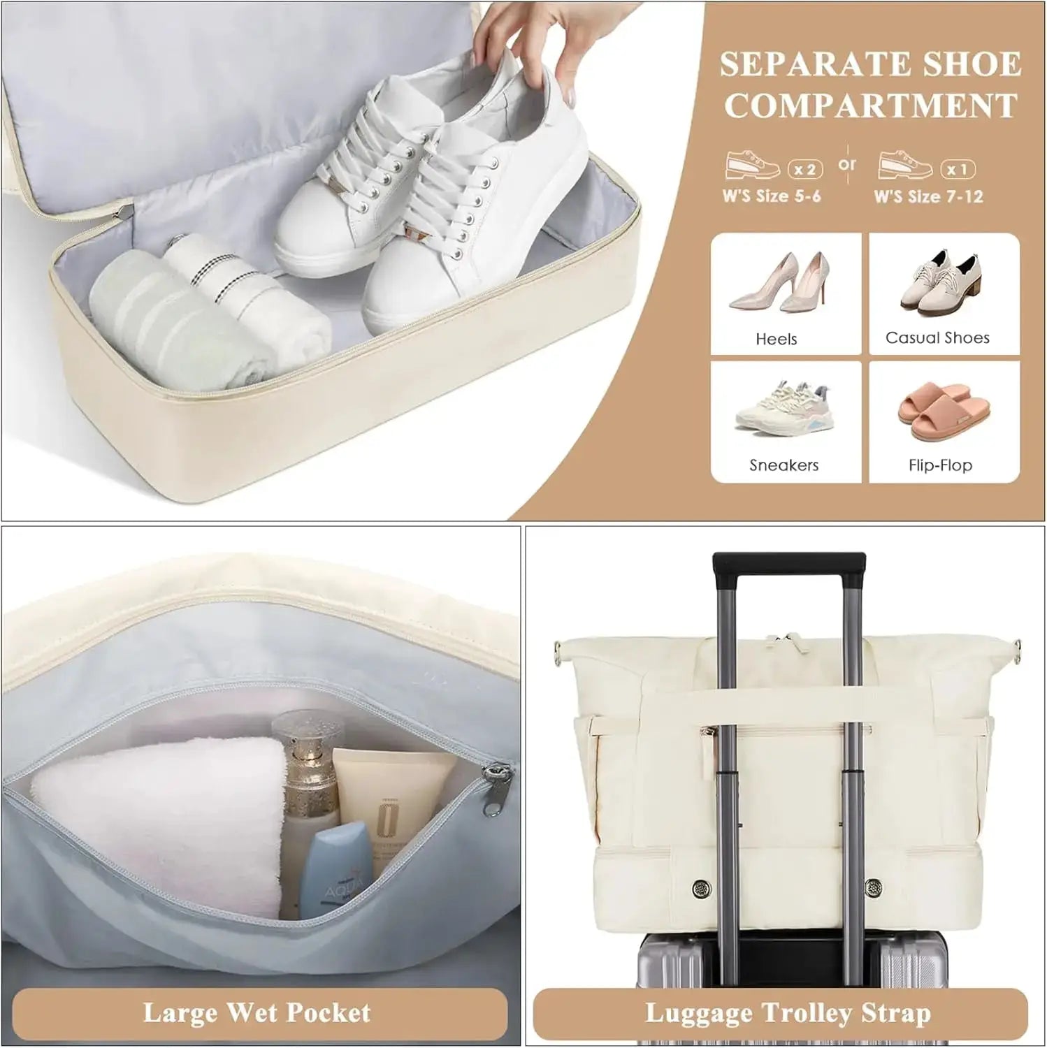 Simples Market women's gym bag with separate shoe compartment, large wet pocket, and trolley strap in beige