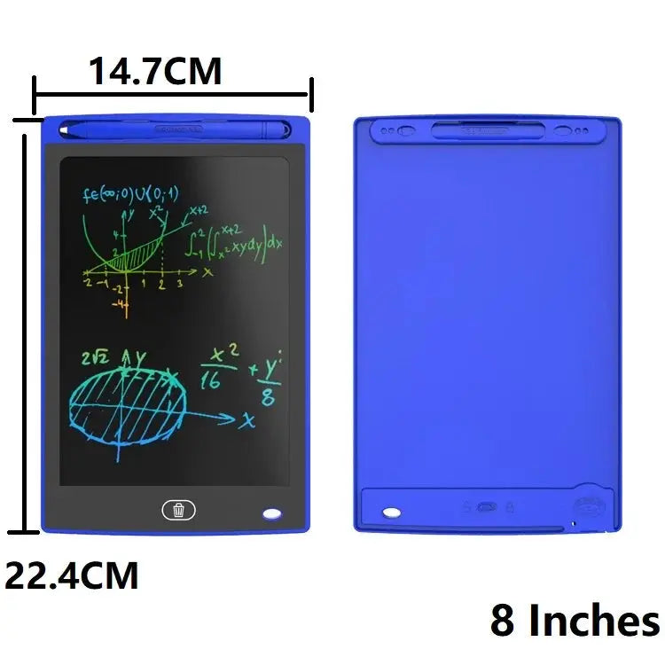 Simples Market blue LCD drawing tablet; front and back views, 14.7 cm by 22.4 cm (8 in)