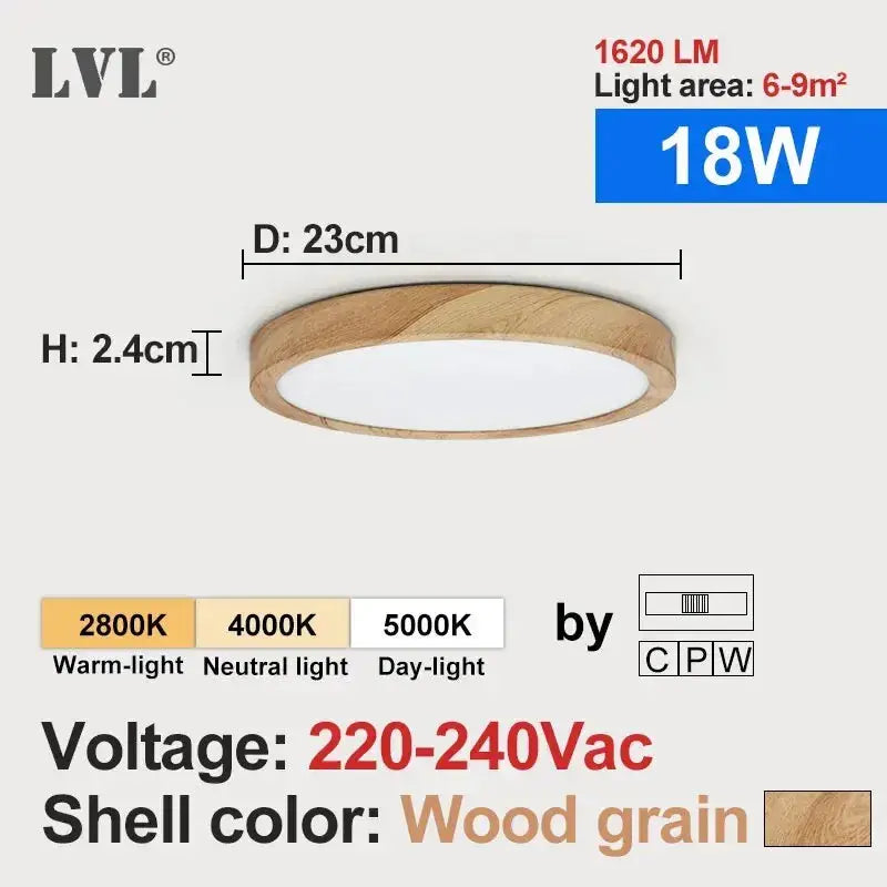 Simples Market LVL LED ceiling light, wood grain round flush mount with white diffuser, 23 cm diameter.