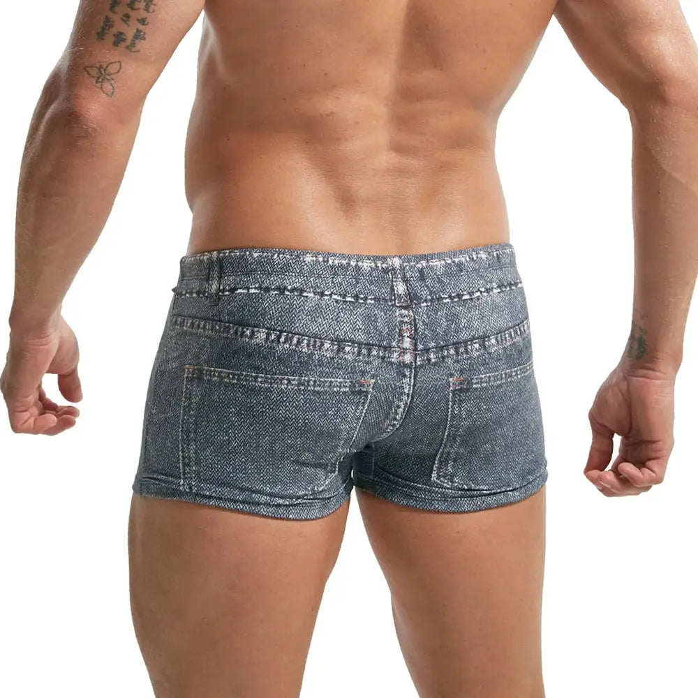 Denim-style men's board shorts with back pockets; blue-gray fabric