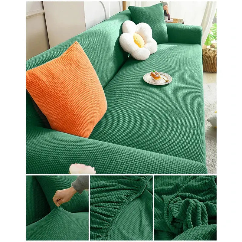 Elastic jacquard fabric sofa cover for green L-shaped sectional couch; stretch slipcover with textured weave.