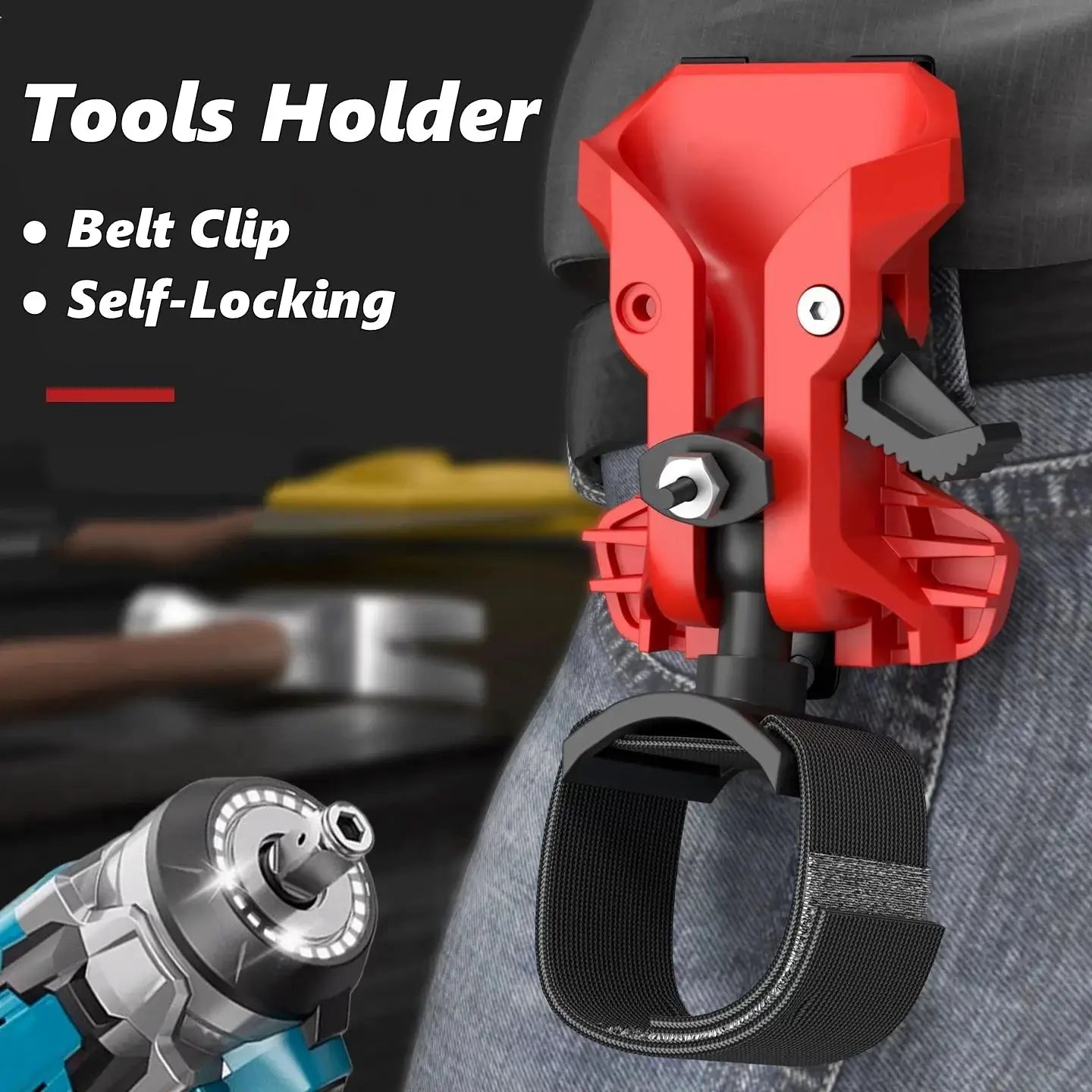 Simples Market red portable drill holder with belt clip; self-locking quick-release tool organizer, 2 items shown.