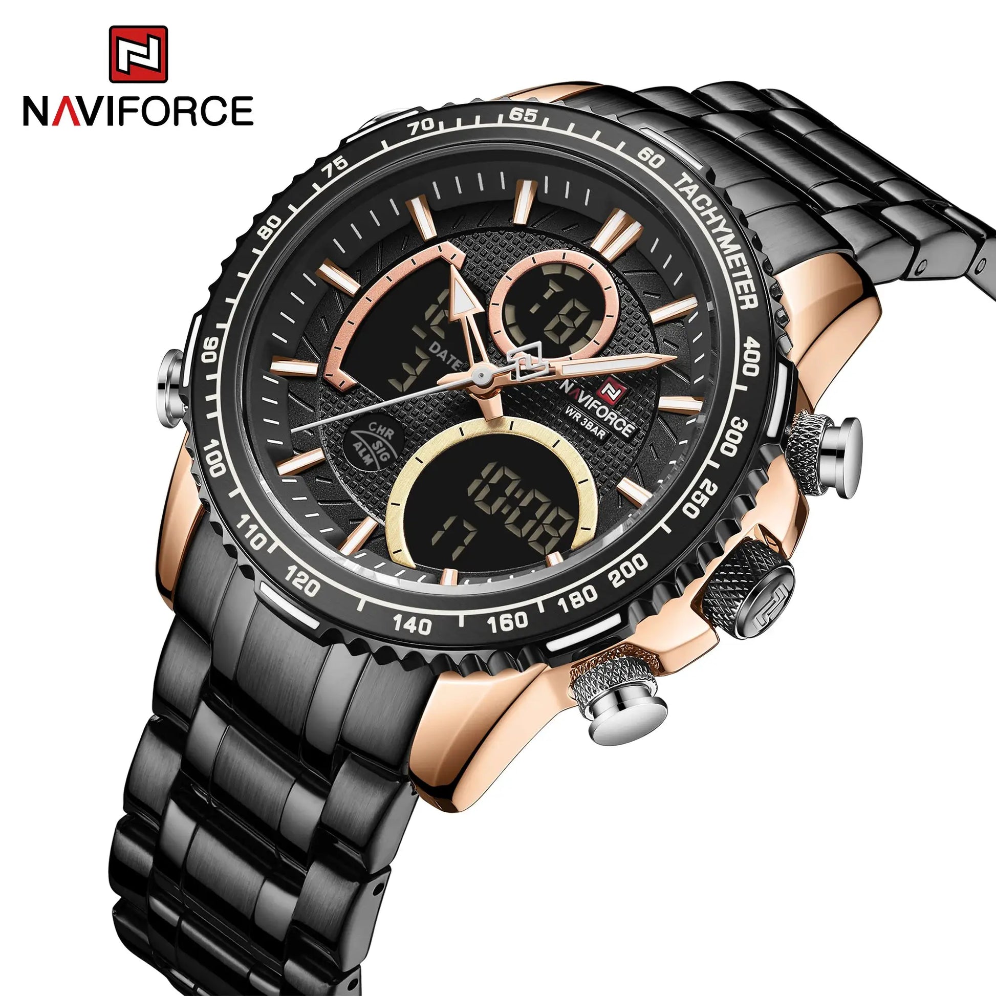 Naviforce men's chronograph wristwatch with black dial and rose gold steel band