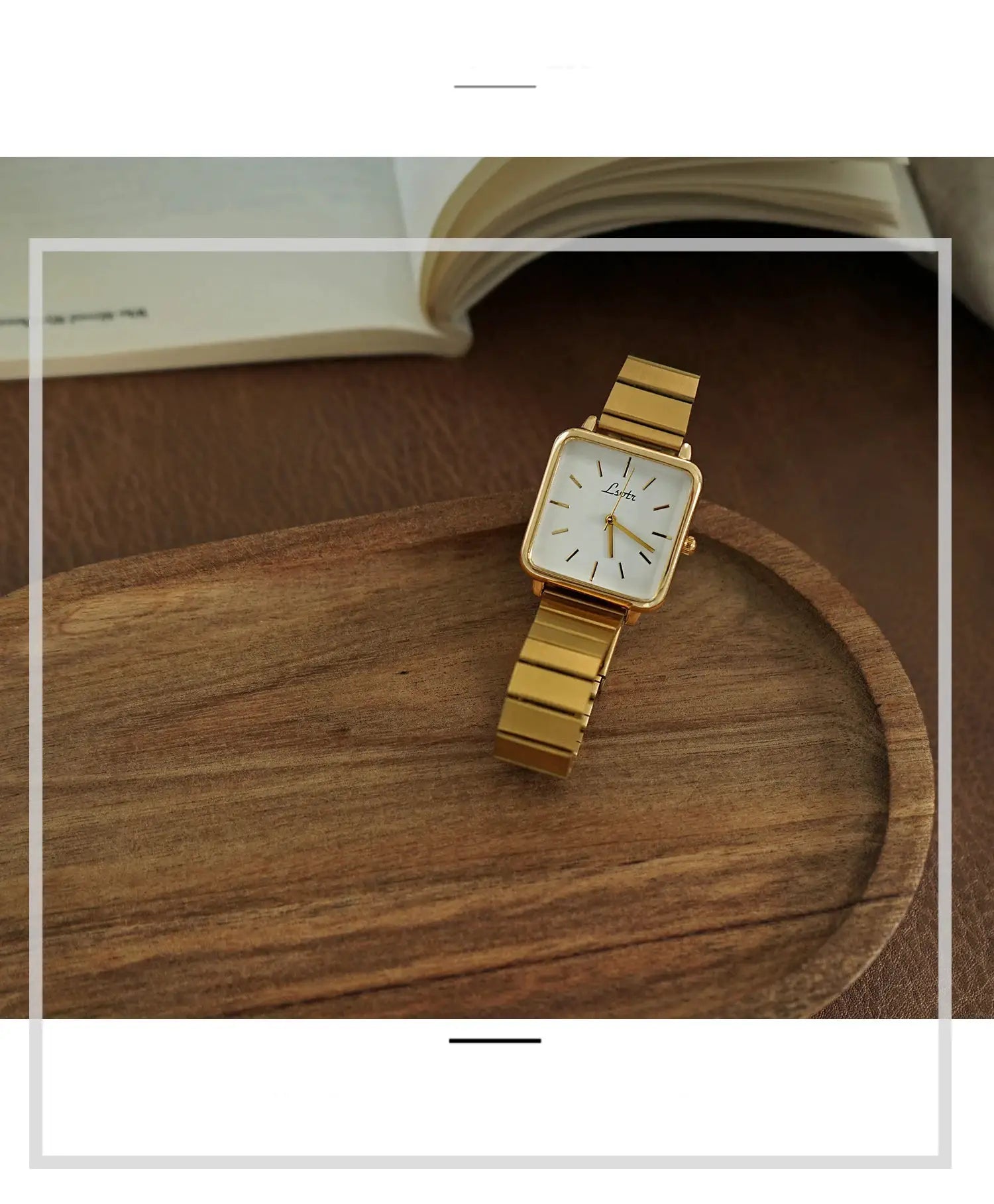 Gold-tone women's wristwatch with square white dial and stainless steel strap