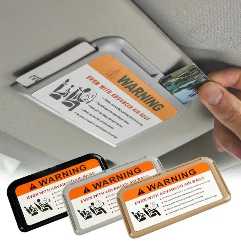 Car sun visor card clip organizer 4-pack in black, white, gray and beige with orange WARNING label