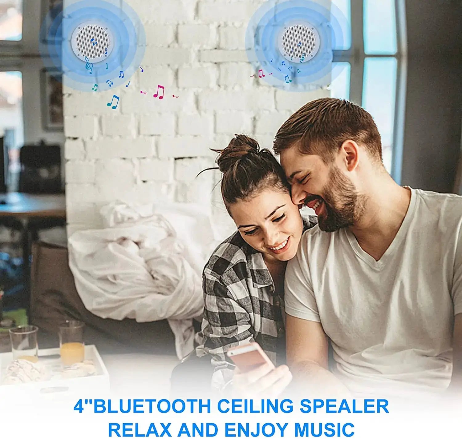 Herdio 4-inch Bluetooth ceiling speaker, two blue round units on a white brick wall.