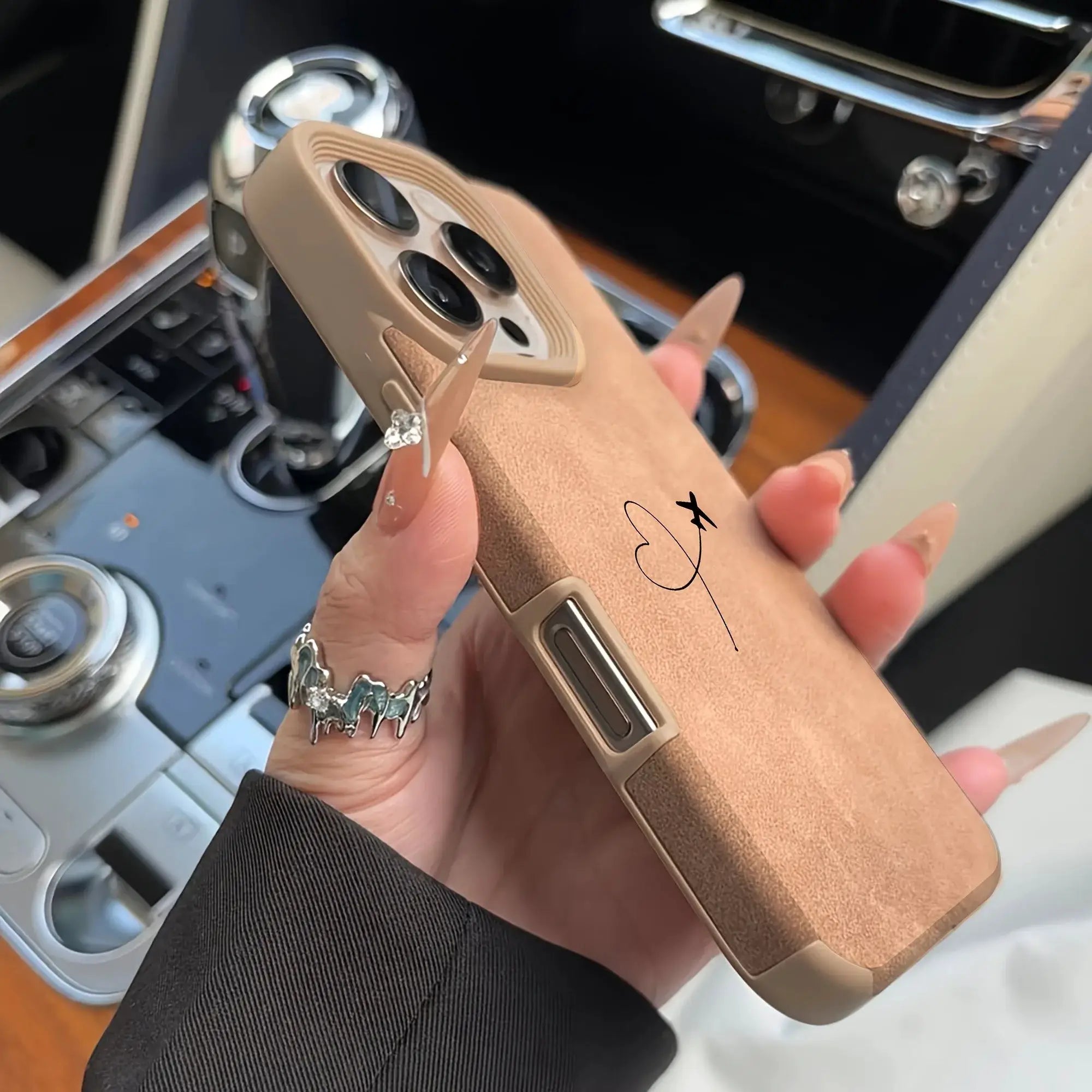 Airplane Route Love Heart Design tan faux leather iPhone case with triple-lens camera cutouts