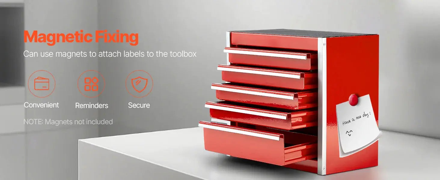 5-drawer metal tool box in red and black, portable small tool chest with PP feet pads
