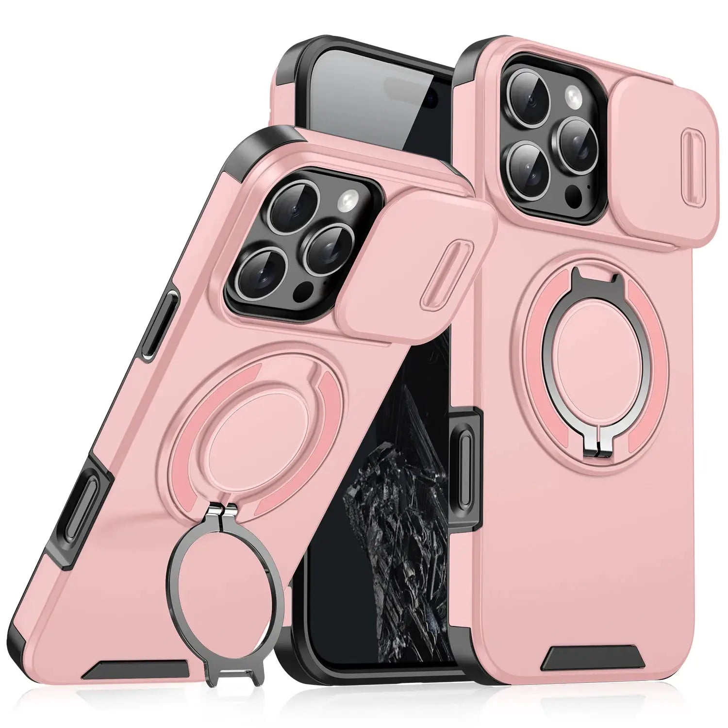 Pink heavy-duty rugged magnetic stand case for iPhone with camera protection and built-in ring stand