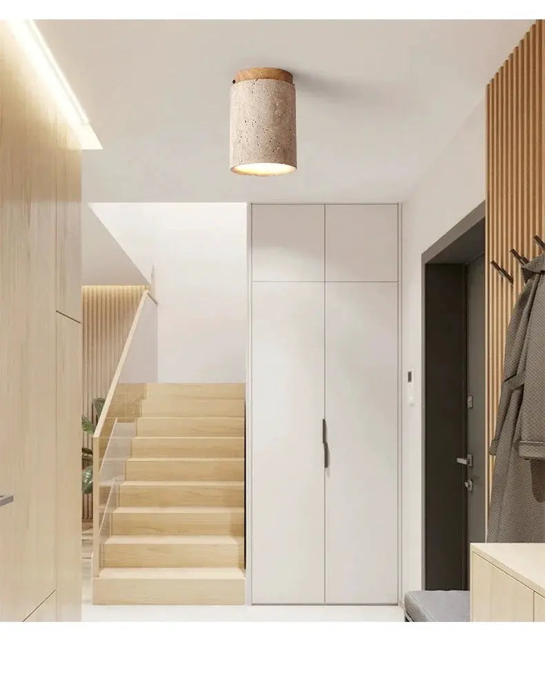 Japanese-style LED pendant ceiling lamp with stone texture and wood accents, by Simples Market.