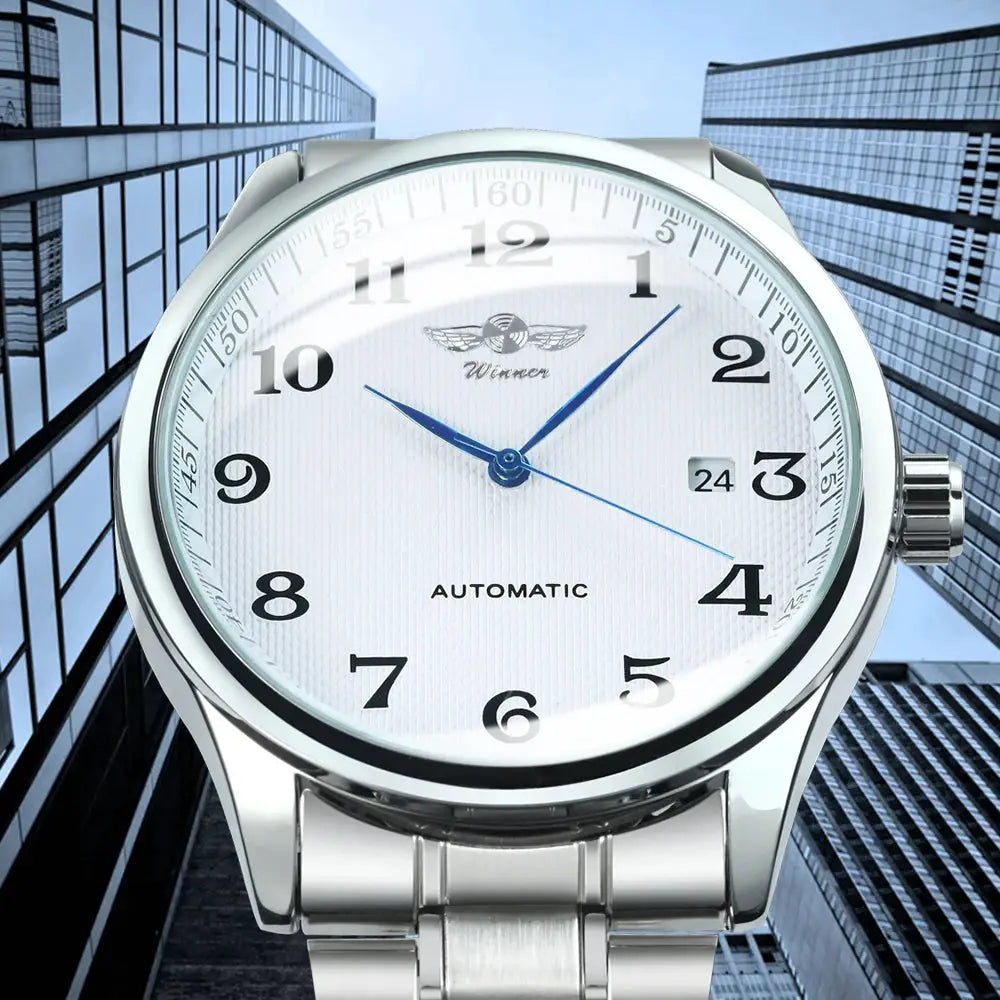 WINNER men's stainless steel automatic watch with white dial, blue hands, date window