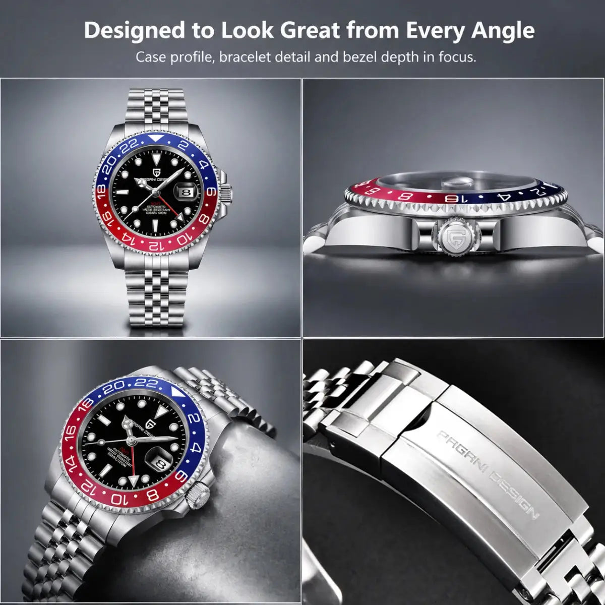 PAGANI DESIGN men's luxury mechanical GMT watch with stainless steel bracelet, blue-red Pepsi bezel, sapphire glass