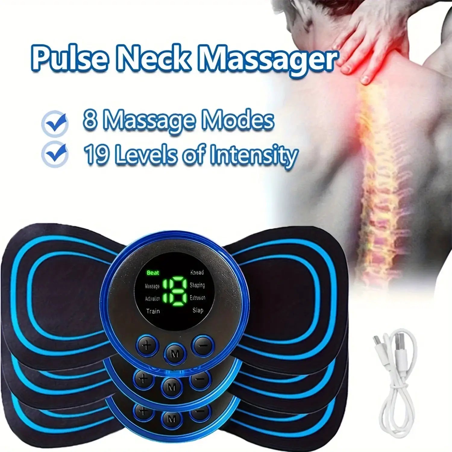 Simples Market EMS neck massager; blue-black wearable massager with 8 modes, 19 intensity levels, digital display.