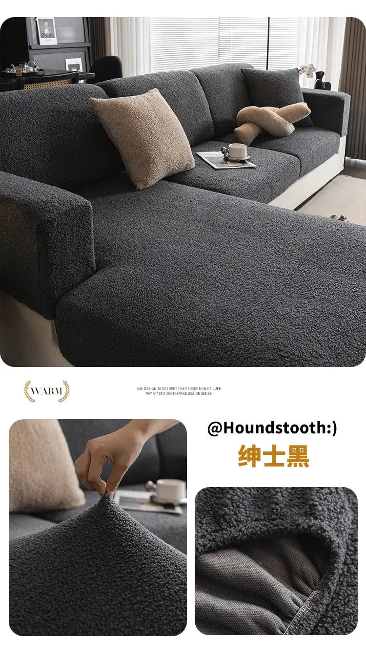 Simples Market 2026 Premium Winter Teddy Fleece Sofa Cover for dark gray sectional, non-slip elastic.