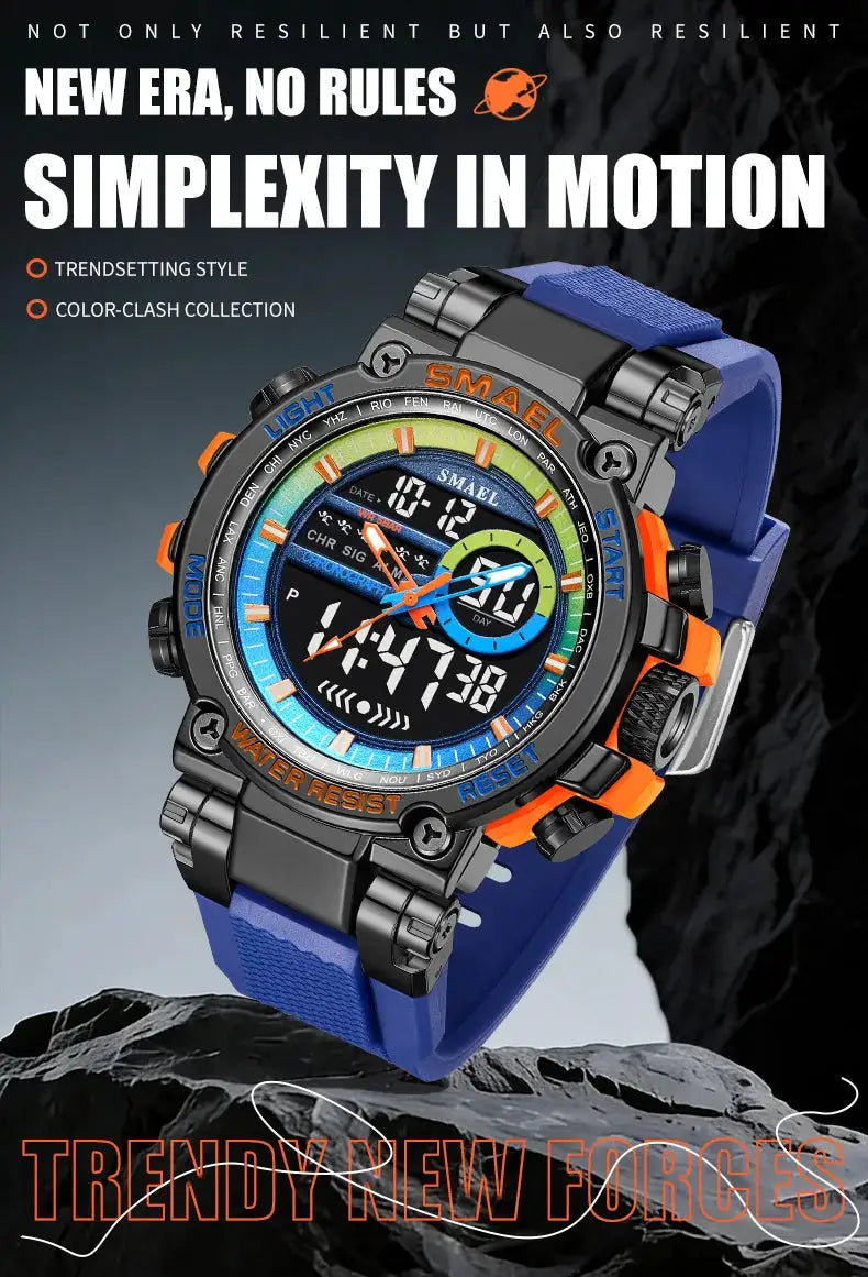 SMAEL 8141 men's digital sport watch with alloy case and blue TPU strap, 50m water resistant.