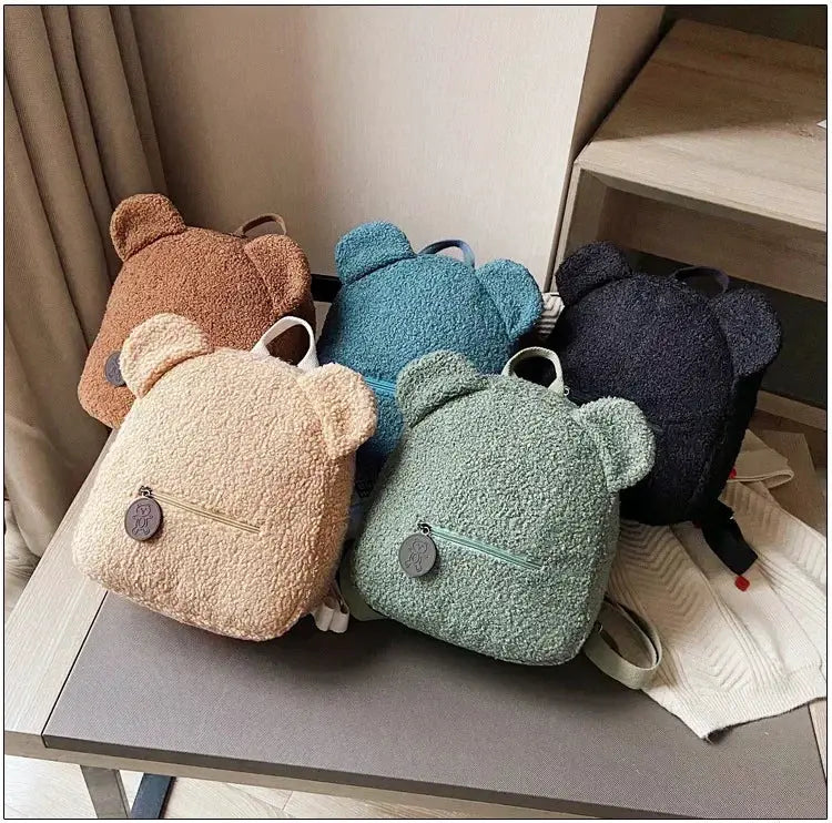 Bear-ear fleece mini backpacks for kids, set of 5 in peach, mint, teal, sage, navy; Simples Market