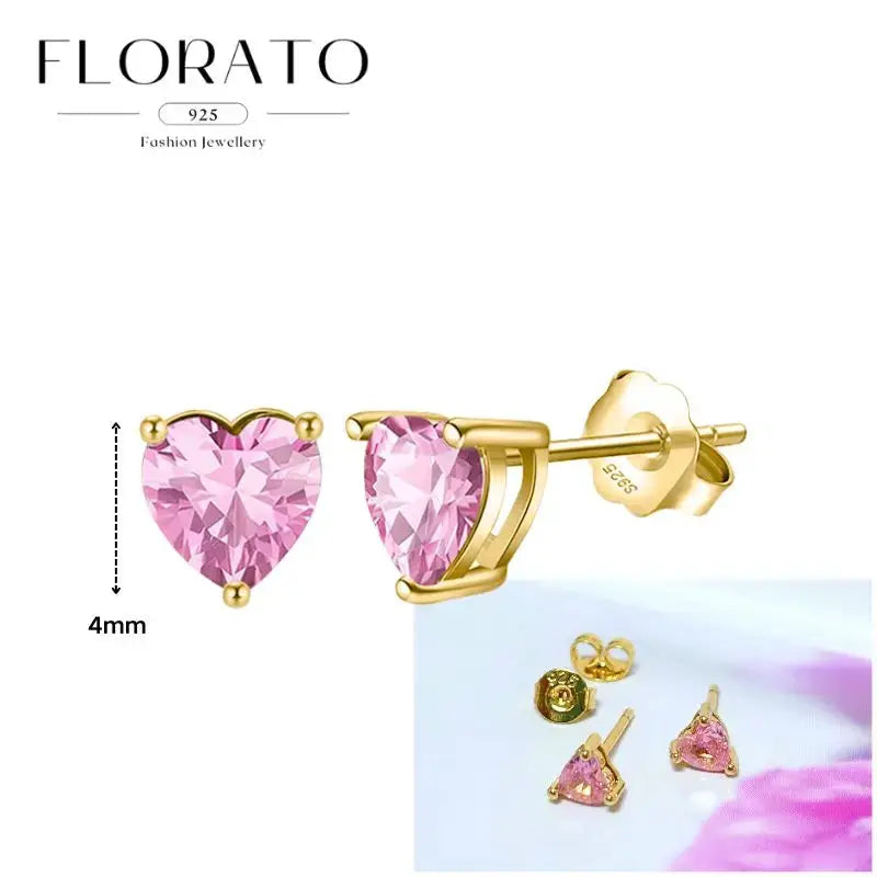 Heart-shaped pink zircon stud earrings in gold-tone 925 sterling silver by Florato, 4mm