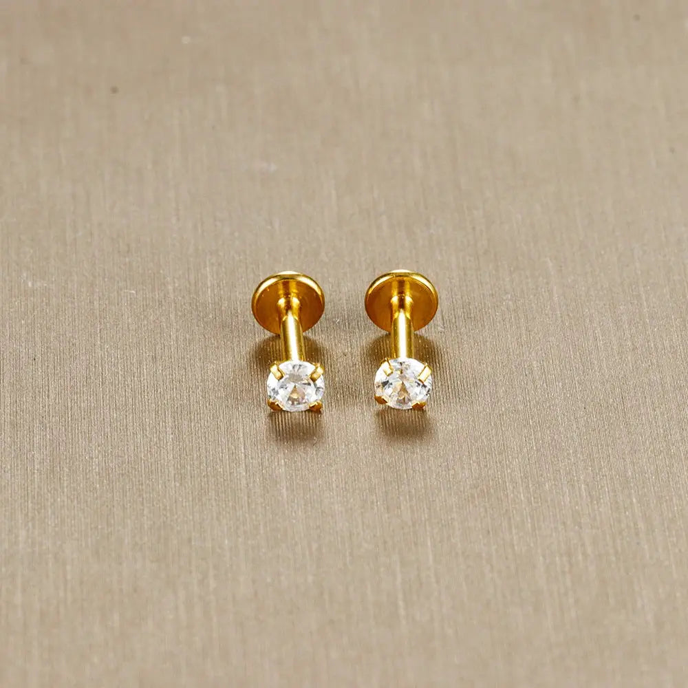 2pc gold-tone labret tragus stud earrings with clear CZ crystals, 16G surgical stainless steel, Simples Market