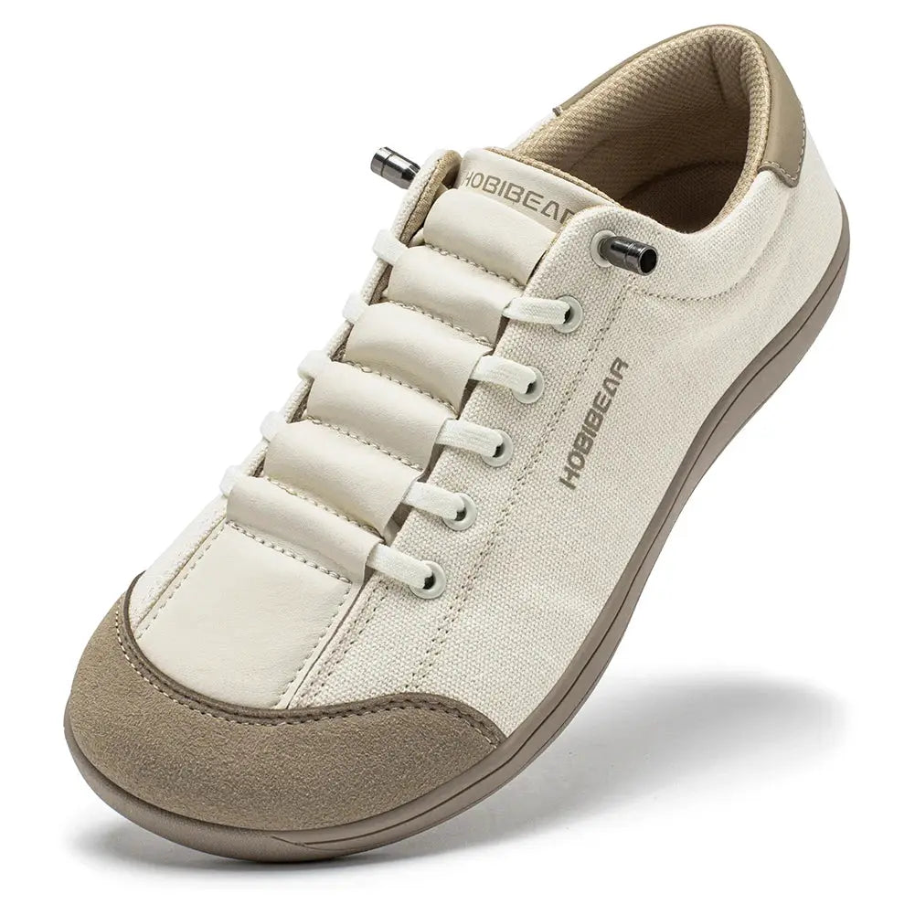 HOBIBEAR wide-toe barefoot sneakers, unisex minimalist canvas with beige upper, brown suede toe cap, lightweight sole