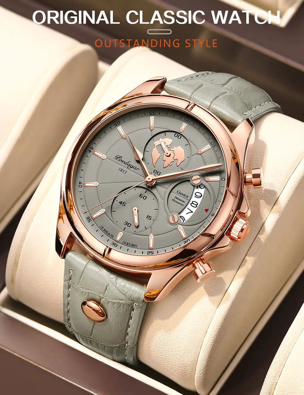 POEDAGAR men's chronograph watch with rose-gold case, grey dial and grey leather strap