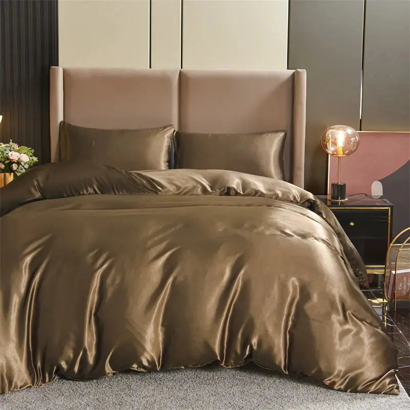 Satin Duvet Cover Set, 3pc queen, bronze-brown, Simples Market