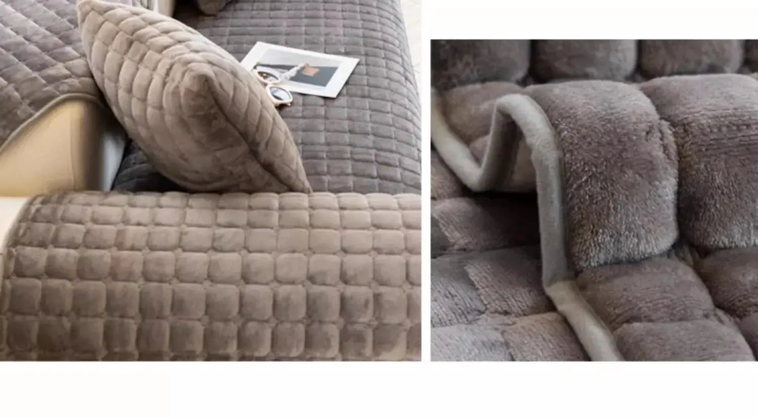 Simples Market plush plaid sofa cushion cover in taupe velvet with non-slip backing