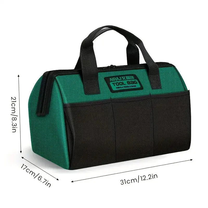 Airaj 13-inch tool bag in green and black Oxford fabric with front pockets.