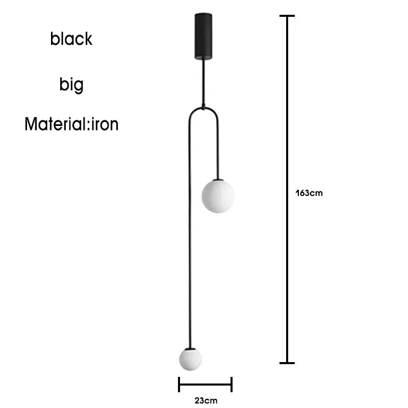 Nordic minimalist line chandelier by Simples Market, black iron, two white globes, 163 cm tall.