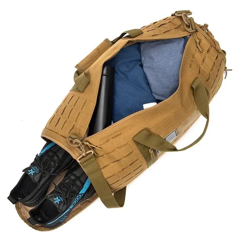 40L sport gym bag, tan tactical duffel with MOLLE straps, blue interior, water bottle and shoes inside